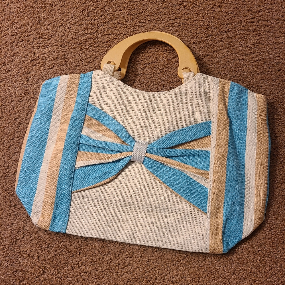 J. Francis Blue/White & Tan Striped Tote Bag with Wooden Handles